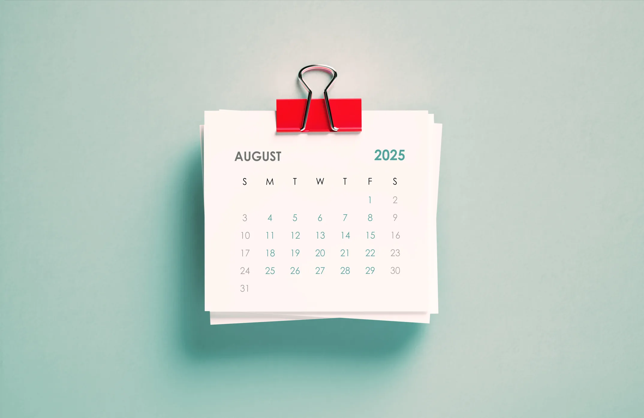 2025 August calendar on green background. Horizontal composition. Reminder concept.