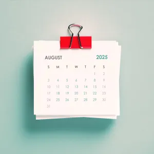 2025 August calendar on green background. Horizontal composition. Reminder concept.