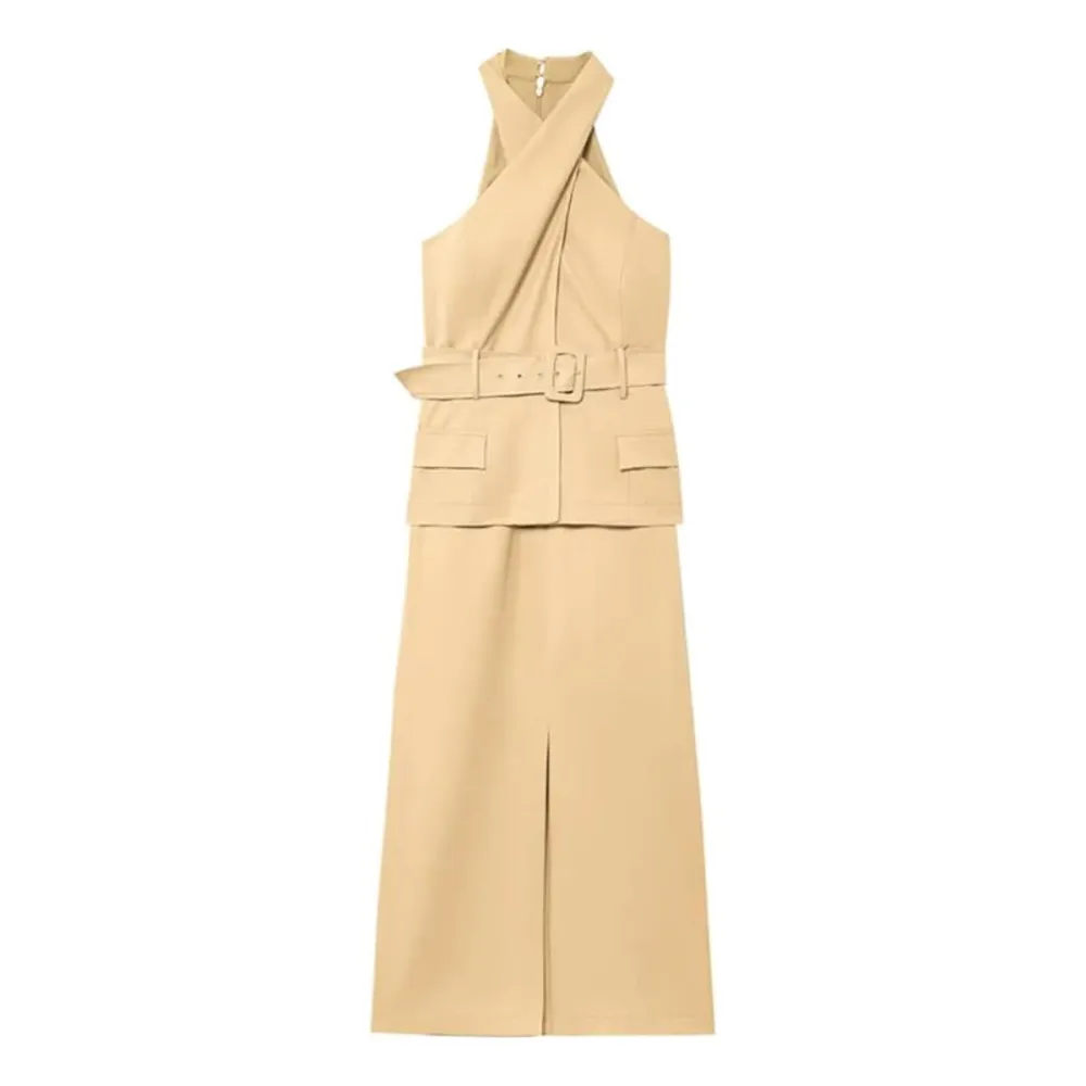 Generic Crossover Belt Sleeveless Midi Dress