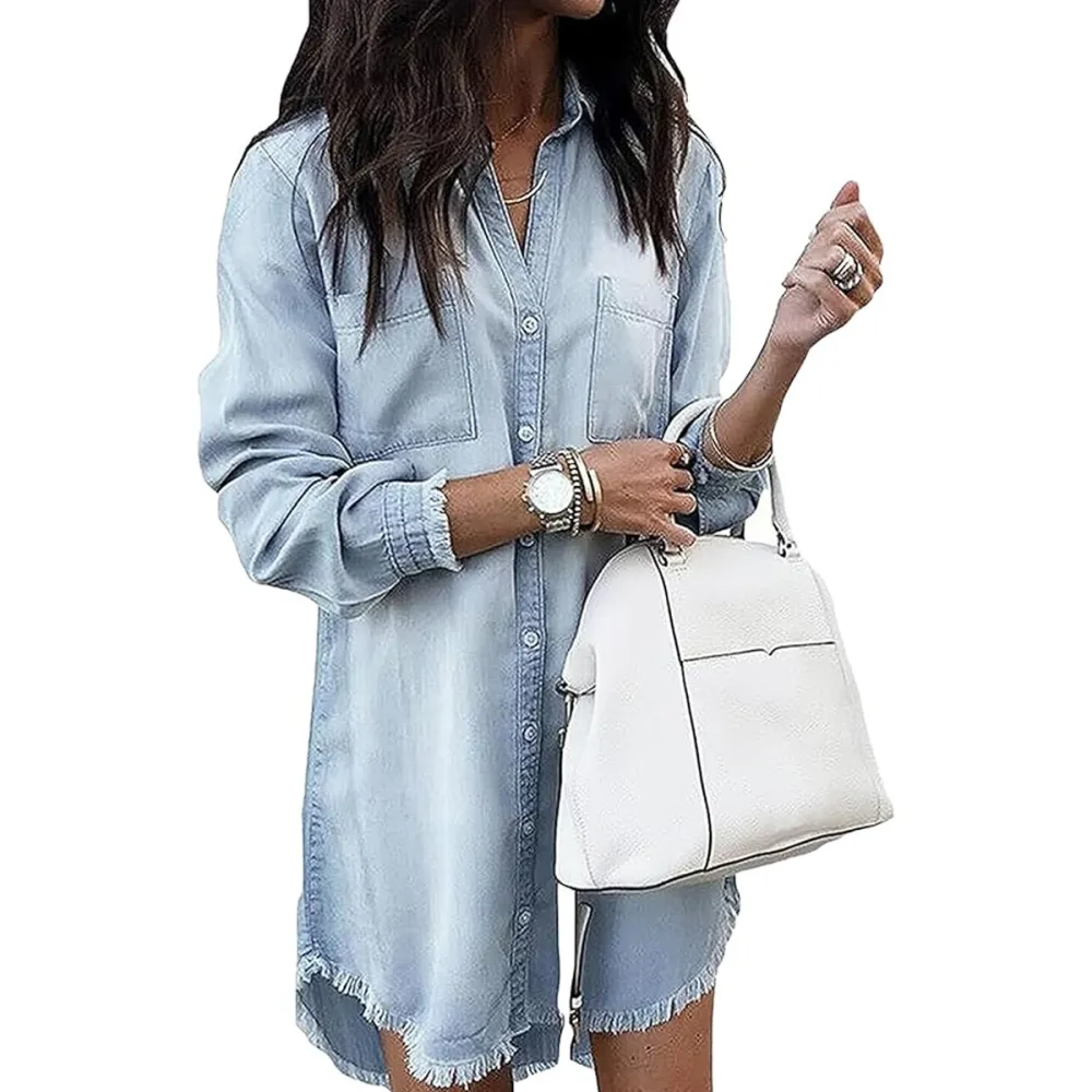 Zilcremo Denim Distressed Shirt Dress