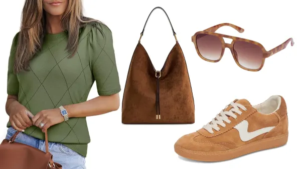 green top, brown bag, aviator sunglasses and suede sneakers