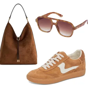 green top, brown bag, aviator sunglasses and suede sneakers