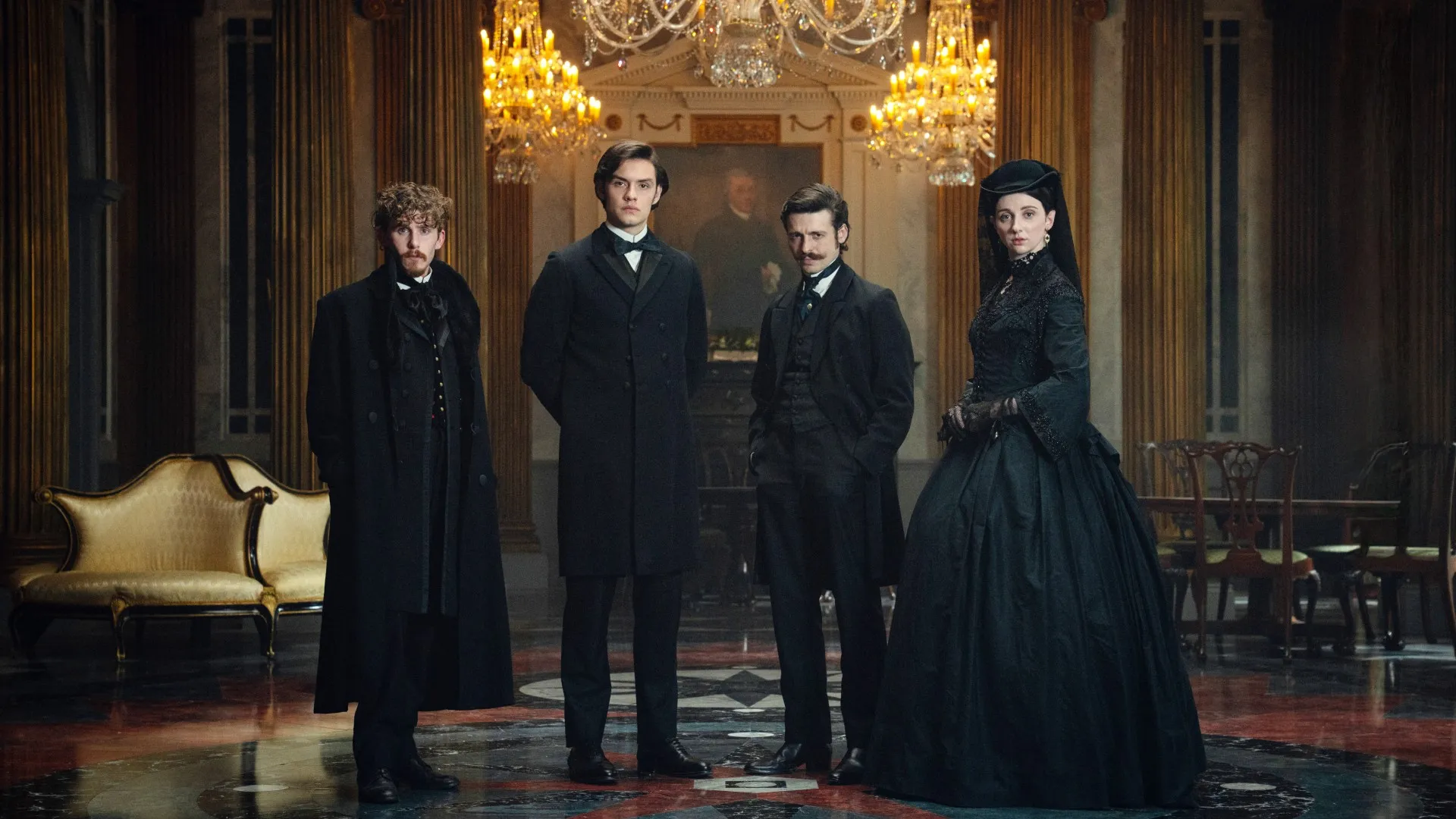 Fionn O'Shea, Louis Partridge, Anthony Boyle and Emily Fairn in House of Guinness