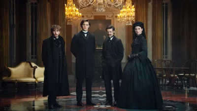 Fionn O'Shea, Louis Partridge, Anthony Boyle and Emily Fairn in House of Guinness