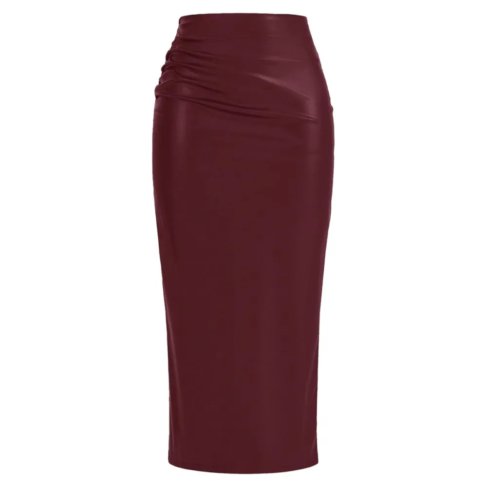 Btfbm Ruched Bodycon Leather Pencil Skirt