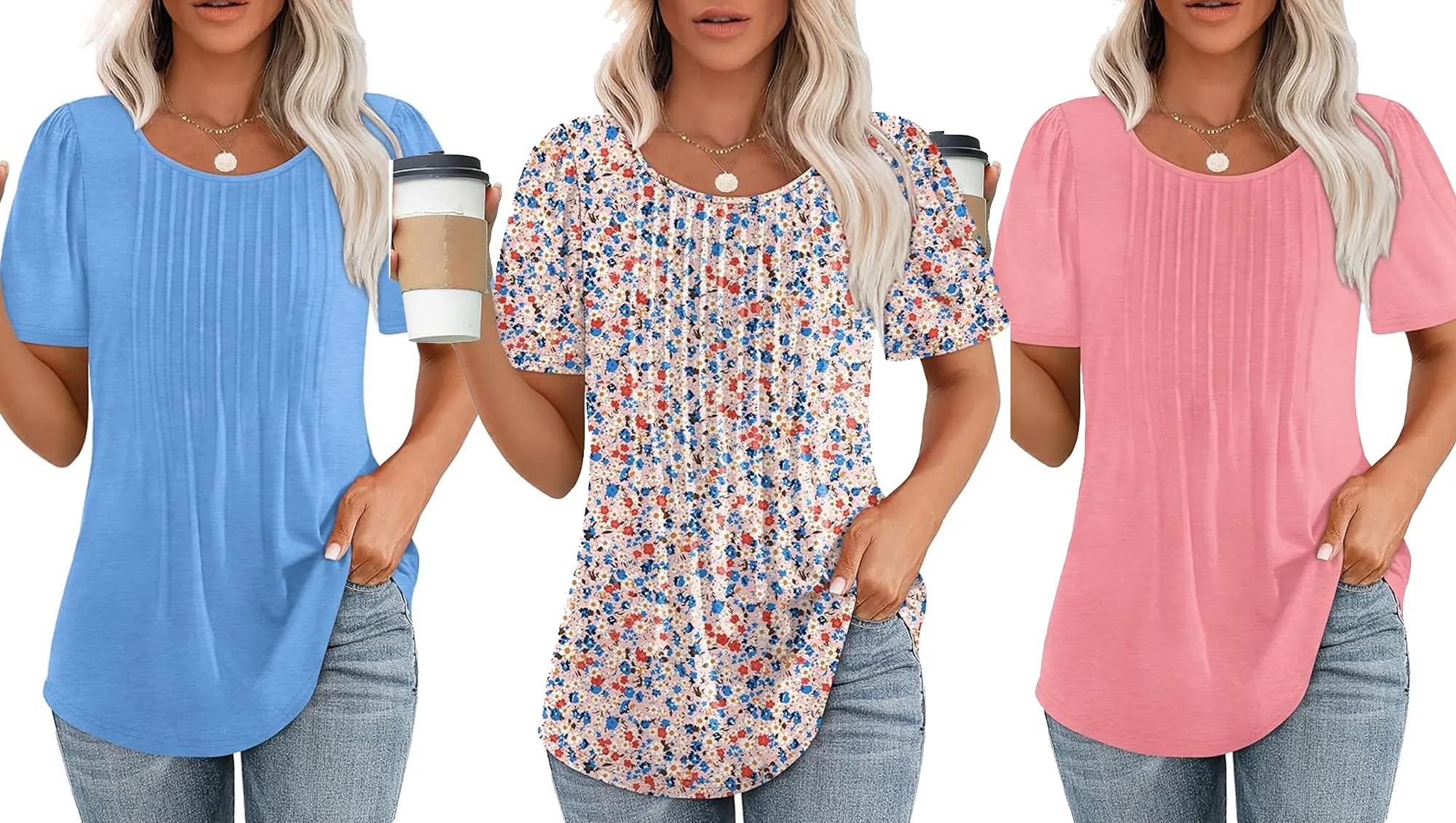 blue, floral and pink pleated tops Amazon