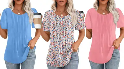 blue, floral and pink pleated tops Amazon