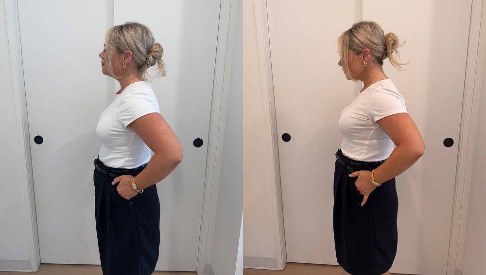 Olivia Hanson in white T-shirt and black shorts