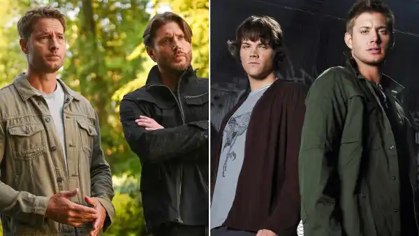 Every Time Tracker Featured Supernatural Easter Eggs for Jensen Ackles Justin Hartley and Jensen Ackles from Tracker a still of Jensen Ackles and Jared Padelecki from Supernatural 003