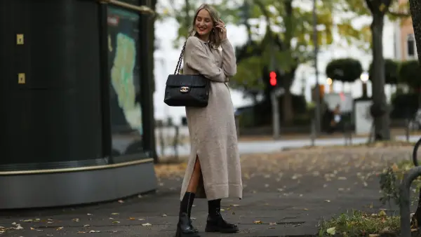 Louisa Theresa Grass wearing Mango knit dress, Nakd boots and Chanel bag on October 22, 2020 in Hamburg, Germany.