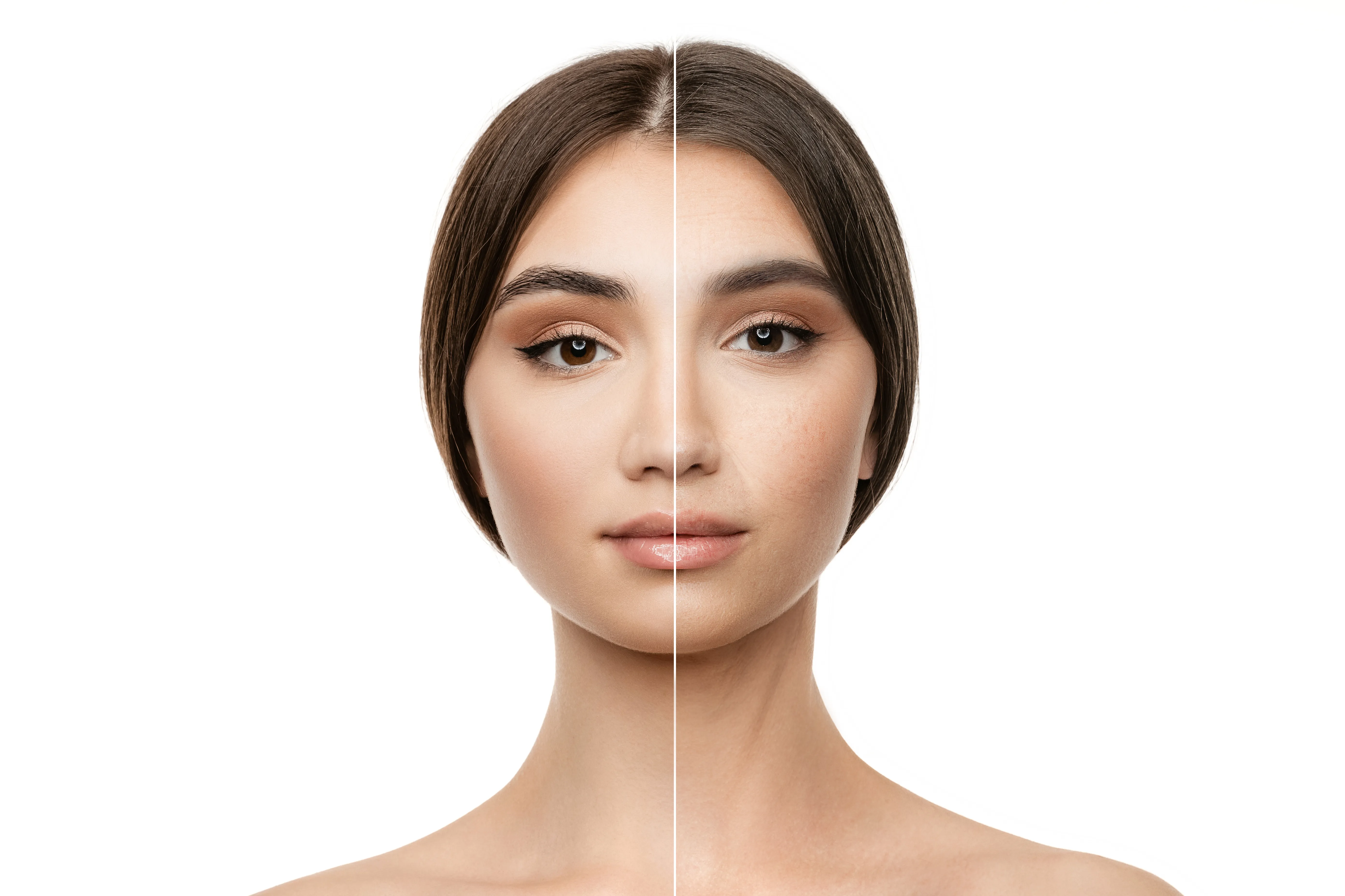 Comparison. Portrait of beautiful woman with young smooth and wrinkled skin. Cosmetology face treatment. Beauty treatment and lifting. Before and after. Process of aging and rejuvenation