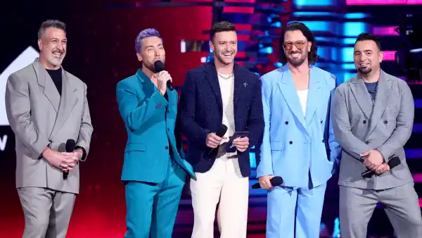 Joey Fatone, Lance Bass, Justin Timberlake, JC Chasez and Chris Kirkpatrick on stage at the 2023 VMAs.