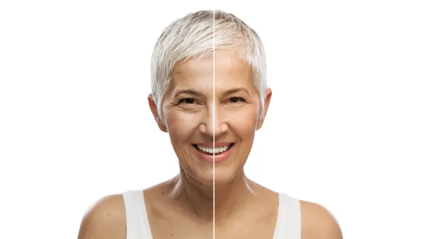 Portrait of a beautiful elderly woman, aging concept, isolated on white background