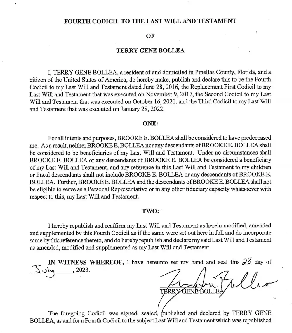 Read Hulk Hogan Will Cutting Brooke Hogan Out 2 Years Before His Death Codicil