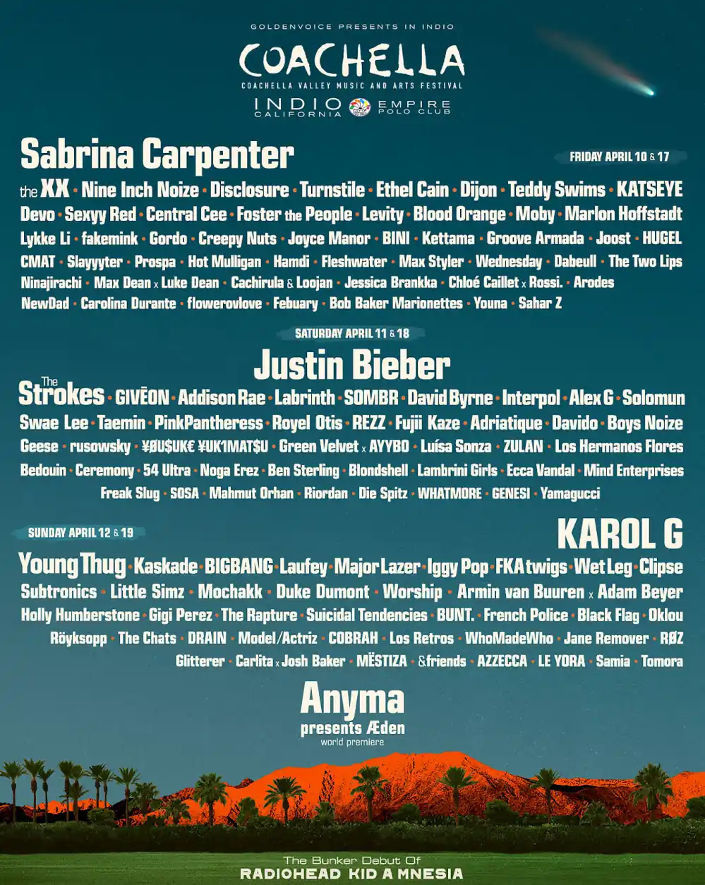 Sabrina Carpenter, Justin Bieber y Karol G encabezar&aacute;n el cartel de Coachella 2026