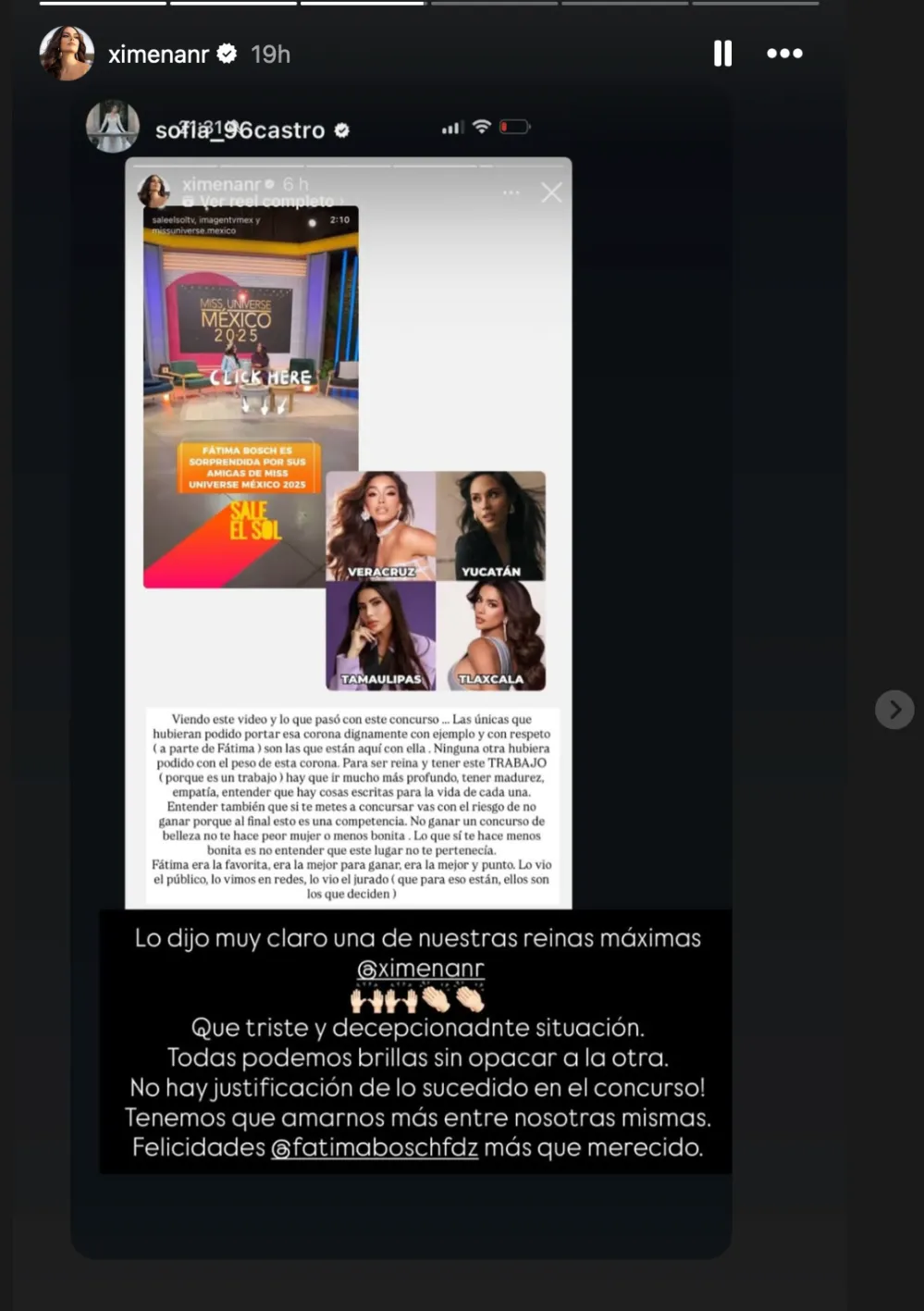 Ximena Navarrete acudi&oacute; a su Instagram para defender a F&aacute;tima Bosch.