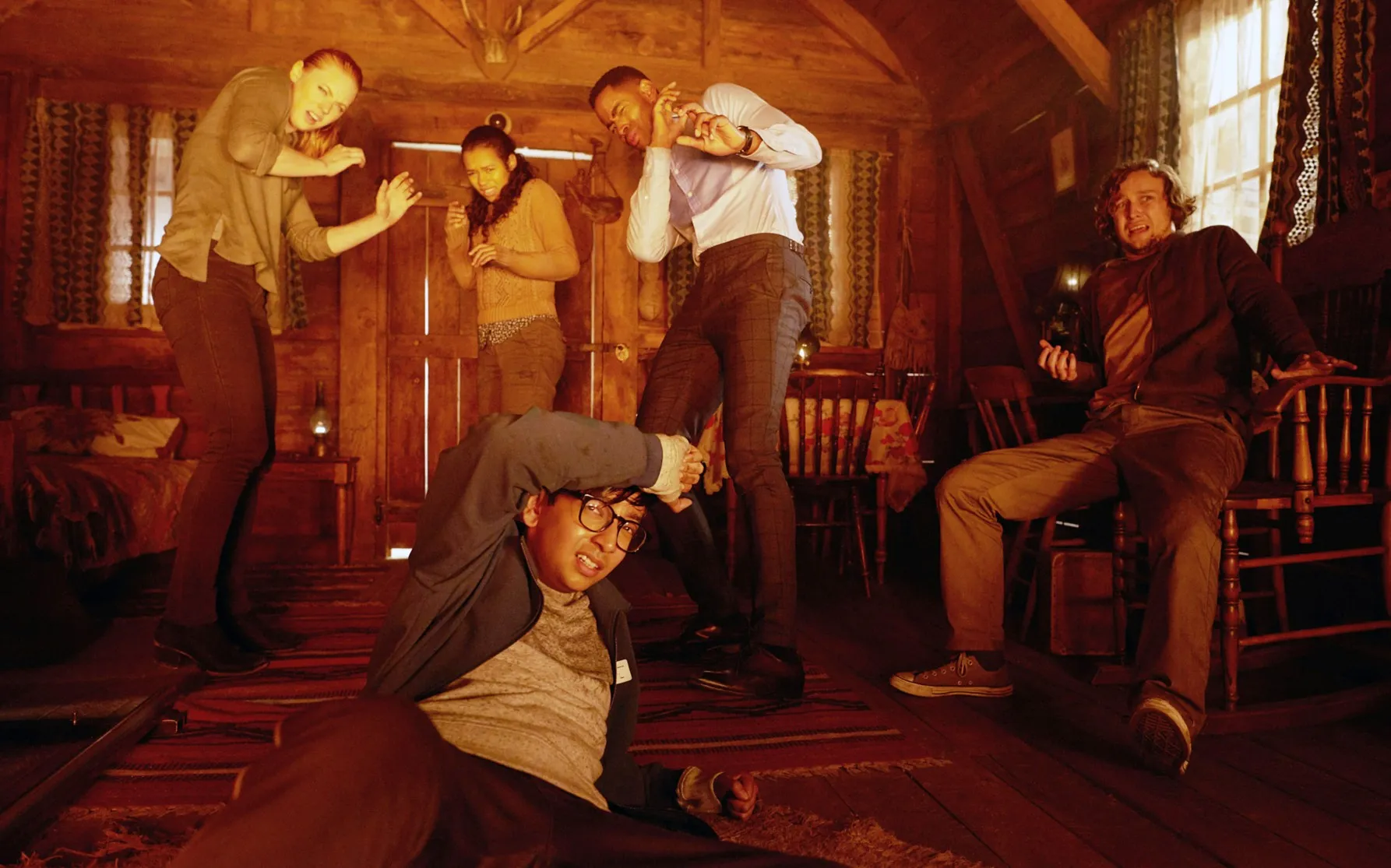 Deborah Ann Woll, Taylor Russell, Jay Ellis, Logan Miller and Nik Dodani in Escape Room