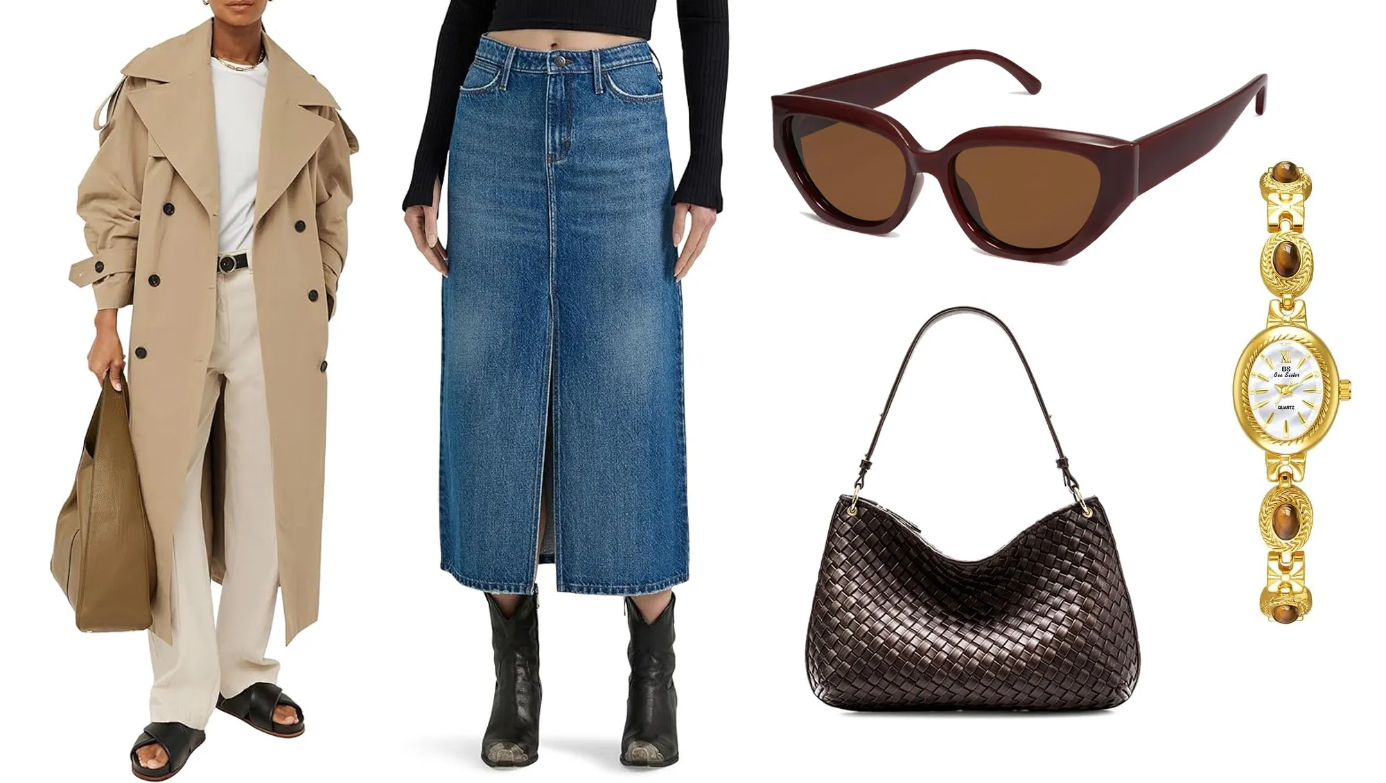 trench coat, denim skirt, sunglasses, purse and watch