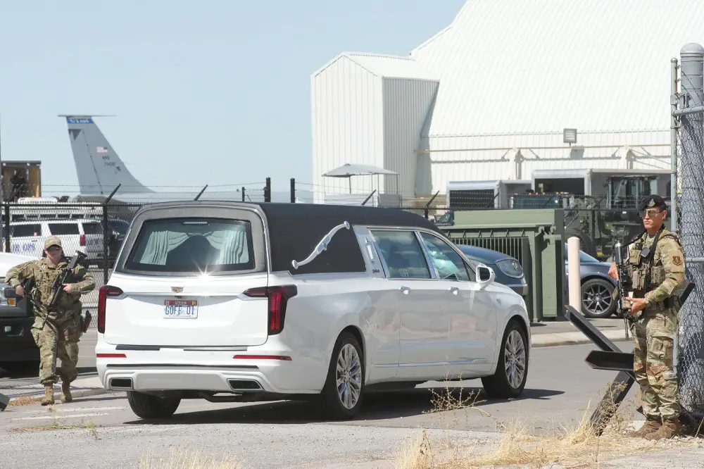 hearse carrying the body of Charlie Kirk drives through the side gates of Roland R Wright Air National Guard Base 2234206418