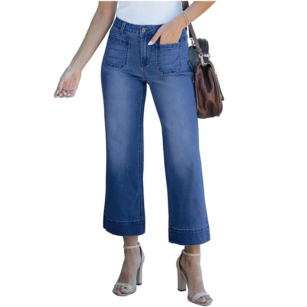 luvamia Wide Leg Jeans for Women Trendy High Waisted Flare Jeans Cropped Denim Pants Stretchy Baggy with Patch Pockets 