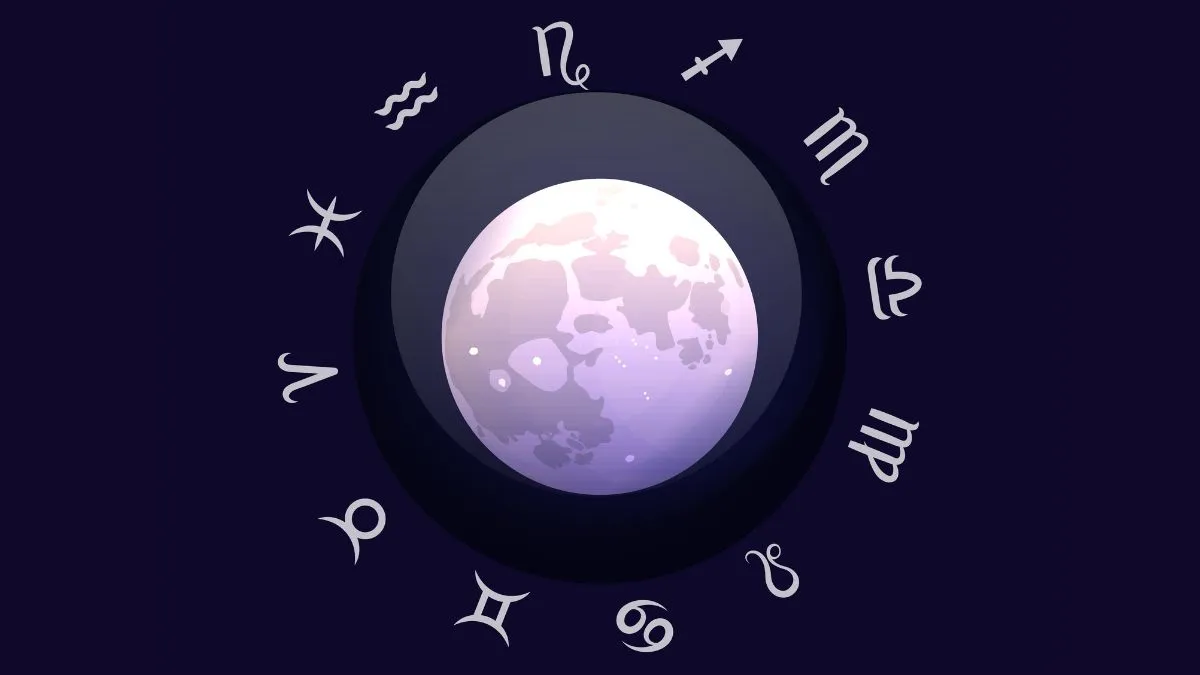 Zodiac sign and moon. Astrological horoscope. Vector illustration banner. Outer space.