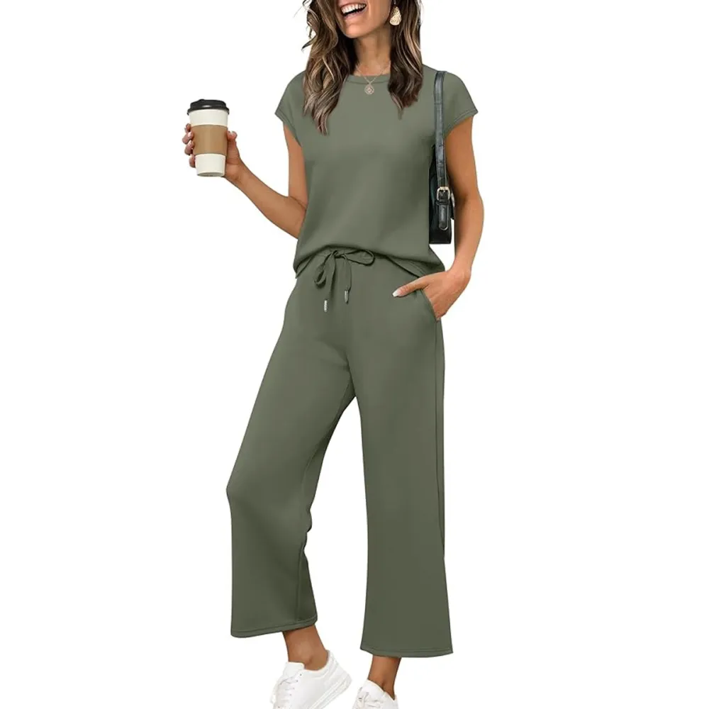 SAMPEEL Two Piece Sets for Women Summer Vacation Outfits Cap Sleeve Tops Lounge Matching Sets Clothing Beach Fashion Clothes