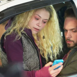 Tatiana Maslany (as Helena), Patrick J. Adams in Orphan Black