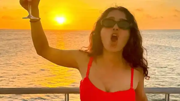 Salma Hayek Sizzles in a Red Bikini While Ringing in 59th Birthday With Sunset Cheers on a Yacht