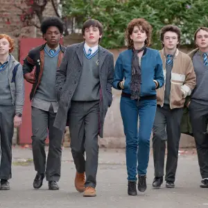 Kyle Bradley Donaldson, Ben Carolan, Percy Chamburuka, Ferdia Walsh-Peelo, Lucy Boynton, Mark McKenna, Conor Hamilton, Karl Rice in Sing Street