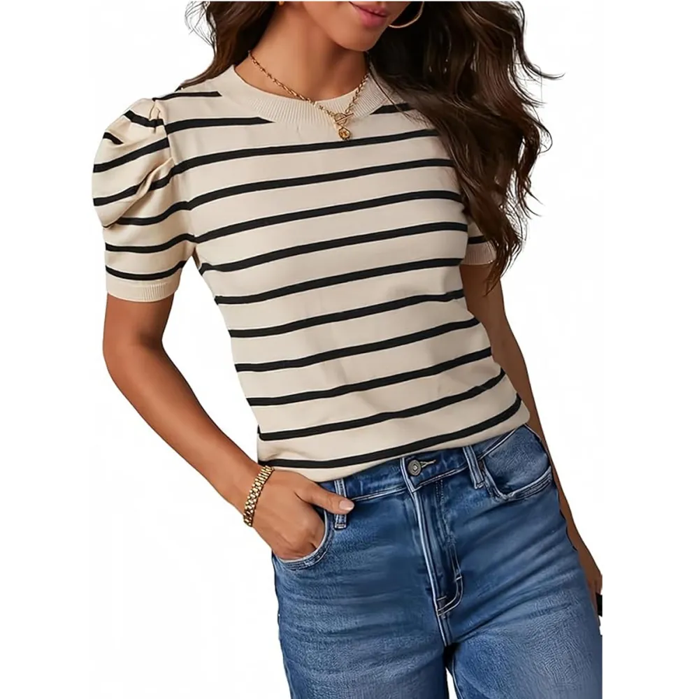 Dokotoo Women's Short Puff Sleeve Knit Tops 2025 Trendy Crewneck Striped T Shirts Casual Summer Blouses