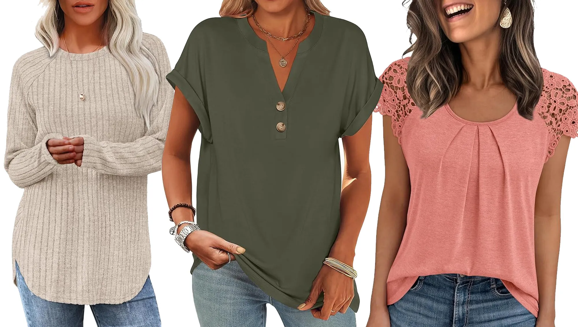 beige, olive and pink tops from Amazon