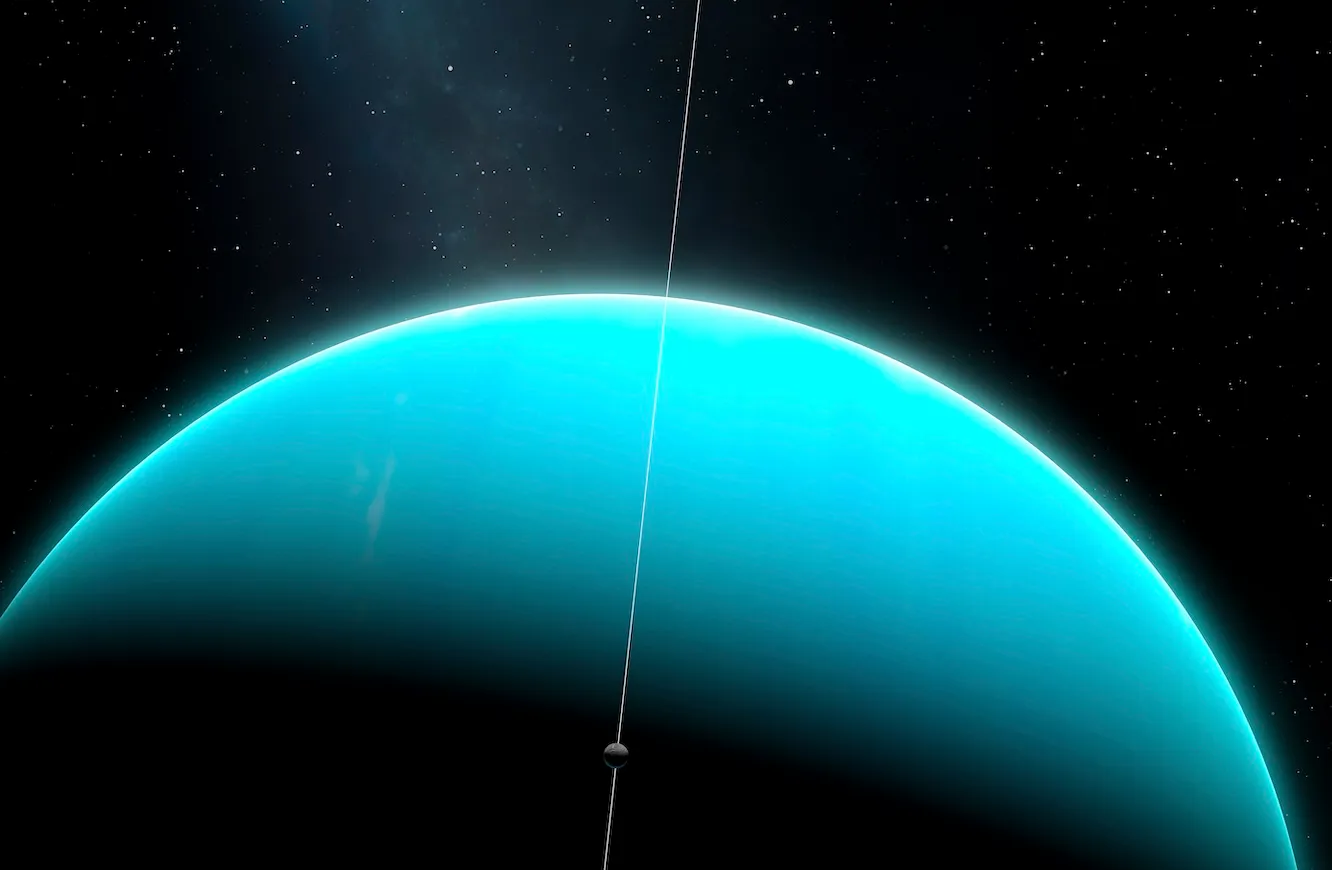 An impression of the green ice giant planet, Uranus, with one of its moons, Miranda. Uranus is the seventh planet in order of distance from the Sun, orbiting at an average distance of 2.85 billion km. It is unusual in that it has a very pale, almost featureless atmosphere, and an axial tilt close to 100 degrees