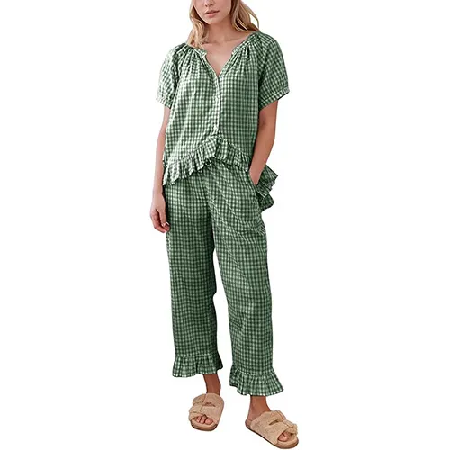 FLYGO WOMENS PLAID 2 PIECE PAJAMAS