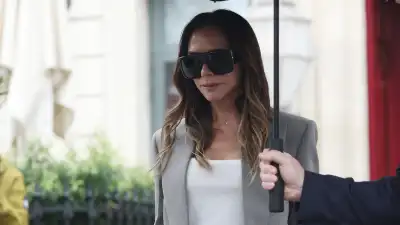 Victoria Beckham leaving her hotel ahead of her fashion show during Womenswear Spring Summer 2026 as part of Paris Fashion Week on October 03, 2025 in Paris, France.