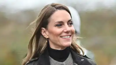 Catherine, Princess of Wales laughs during her visit to Mallon Farm, a flax farm in County Tyrone that is spearheading the revival of flax growing for linen, as a blueprint for sustainable farming systems on October 14, 2025 in Cookstown, Northern Ireland. During their visit, the Prince and Princess of Wales are visiting organisations providing creative and entrepreneurial opportunities for young people in rural areas of Northern Ireland.