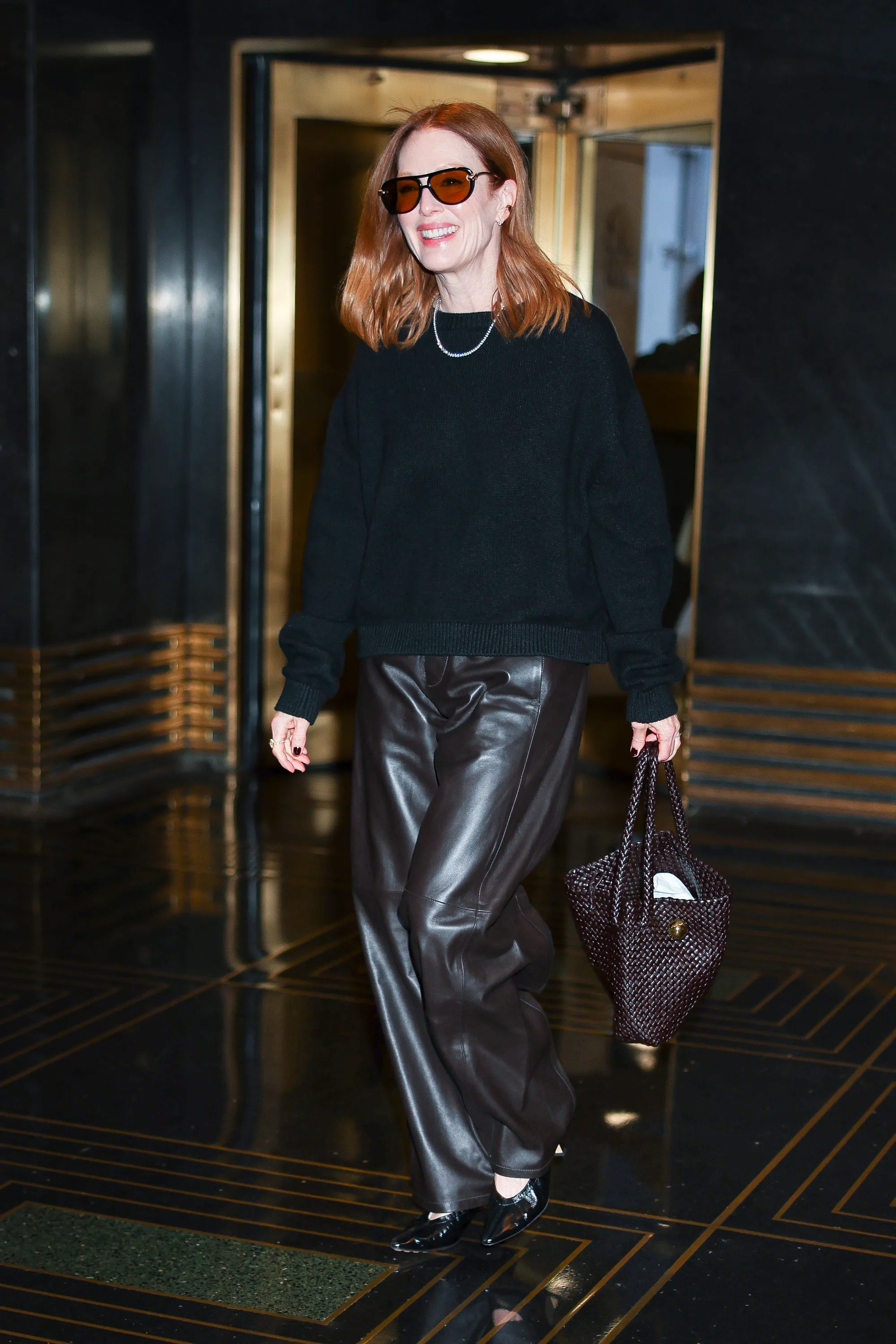 Julianne Moore seen arriving to 'The Kelly Clarkson Show' in Midtown on October 24, 2025 in New York City.