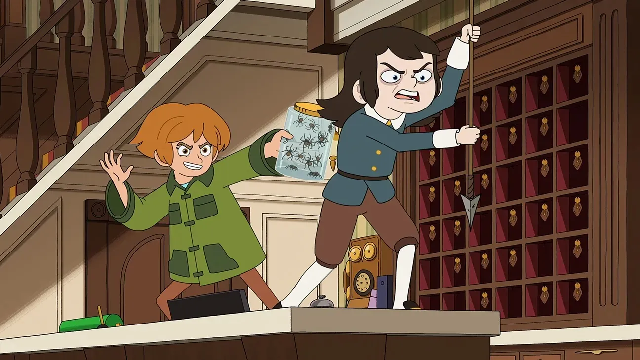 Still of two children playing in animated series Haunted Hotel