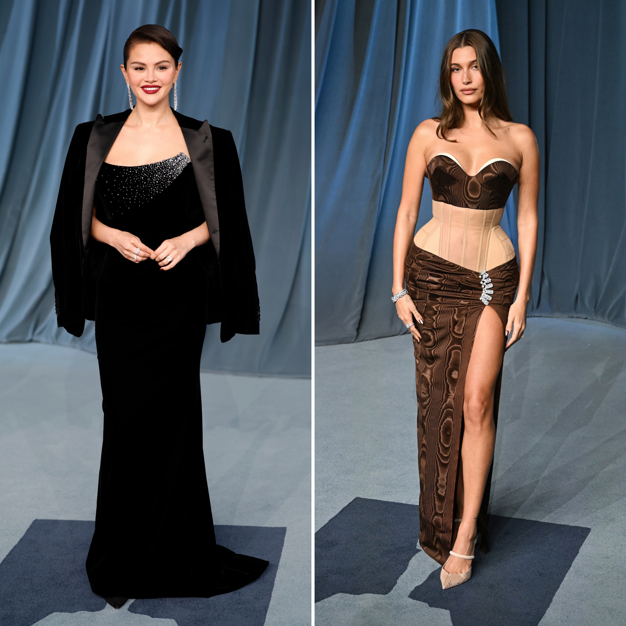 Selena-Gomez-GettyImages-2241908713-and-Hailey-Bieber-GettyImages-2241670366