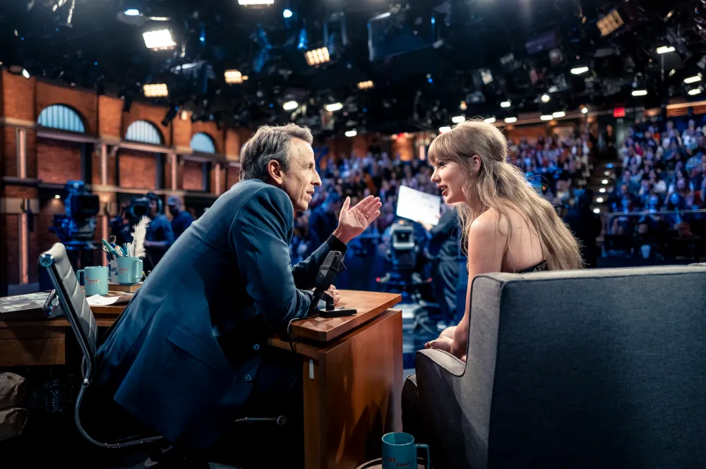 Taylor Swift Stuns With Longer Hair in 5K Showgirl Approved Set for Her Late Night with Seth Meyers Interview