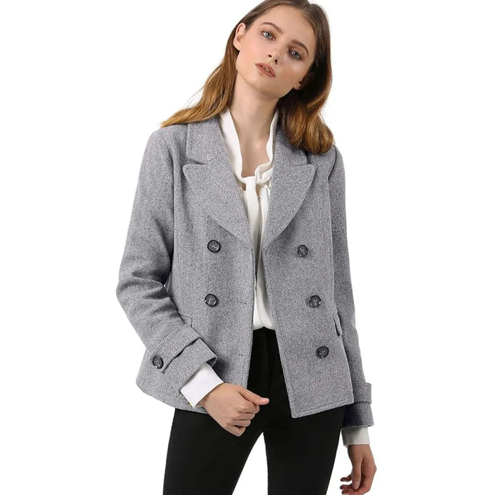 Allegra K Notched Lapel Double Breasted Pea Coat