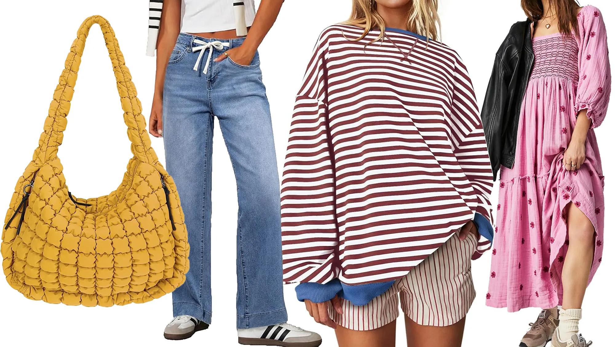 puffer bag, jeans, striped shirt and flowy pink dress
