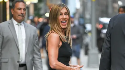 NEW YORK, NEW YORK - SEPTEMBER 10: Jennifer Aniston leaves "The Late Show With Stephen Colbert" at the Ed Sullivan Theater on September 10, 2025 in New York City. (Photo by James Devaney/GC Images)