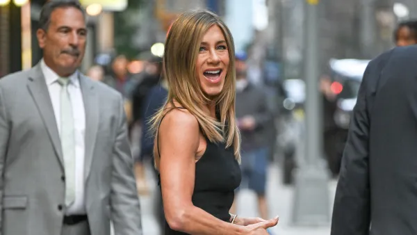 NEW YORK, NEW YORK - SEPTEMBER 10: Jennifer Aniston leaves "The Late Show With Stephen Colbert" at the Ed Sullivan Theater on September 10, 2025 in New York City. (Photo by James Devaney/GC Images)