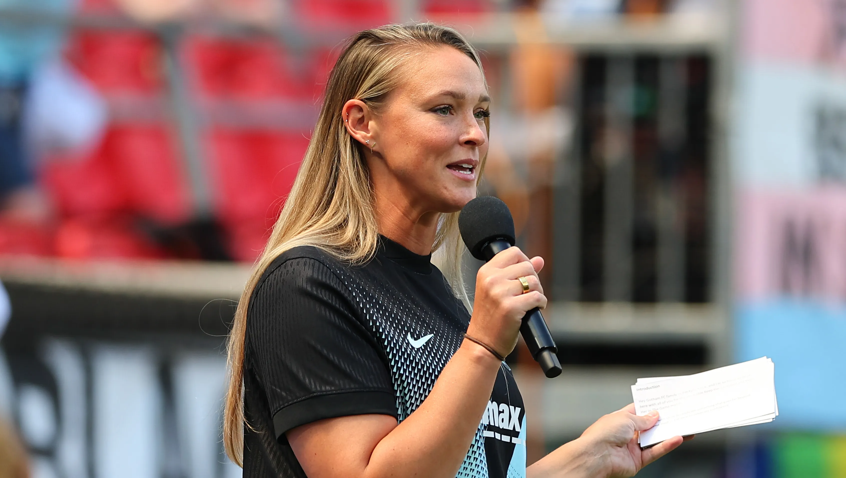 HARRISON, NJ - AUGUST 09: Kylie Kelce American podcaster and Dove spokesperson talks to the crowd prior to the NWSL game on August 9, 2025 at Sports Illustrated Stadium in Harrison, New Jersey. (Photo by Rich Graessle/Icon Sportswire via Getty Images)