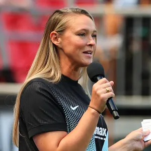 HARRISON, NJ - AUGUST 09: Kylie Kelce American podcaster and Dove spokesperson talks to the crowd prior to the NWSL game on August 9, 2025 at Sports Illustrated Stadium in Harrison, New Jersey. (Photo by Rich Graessle/Icon Sportswire via Getty Images)