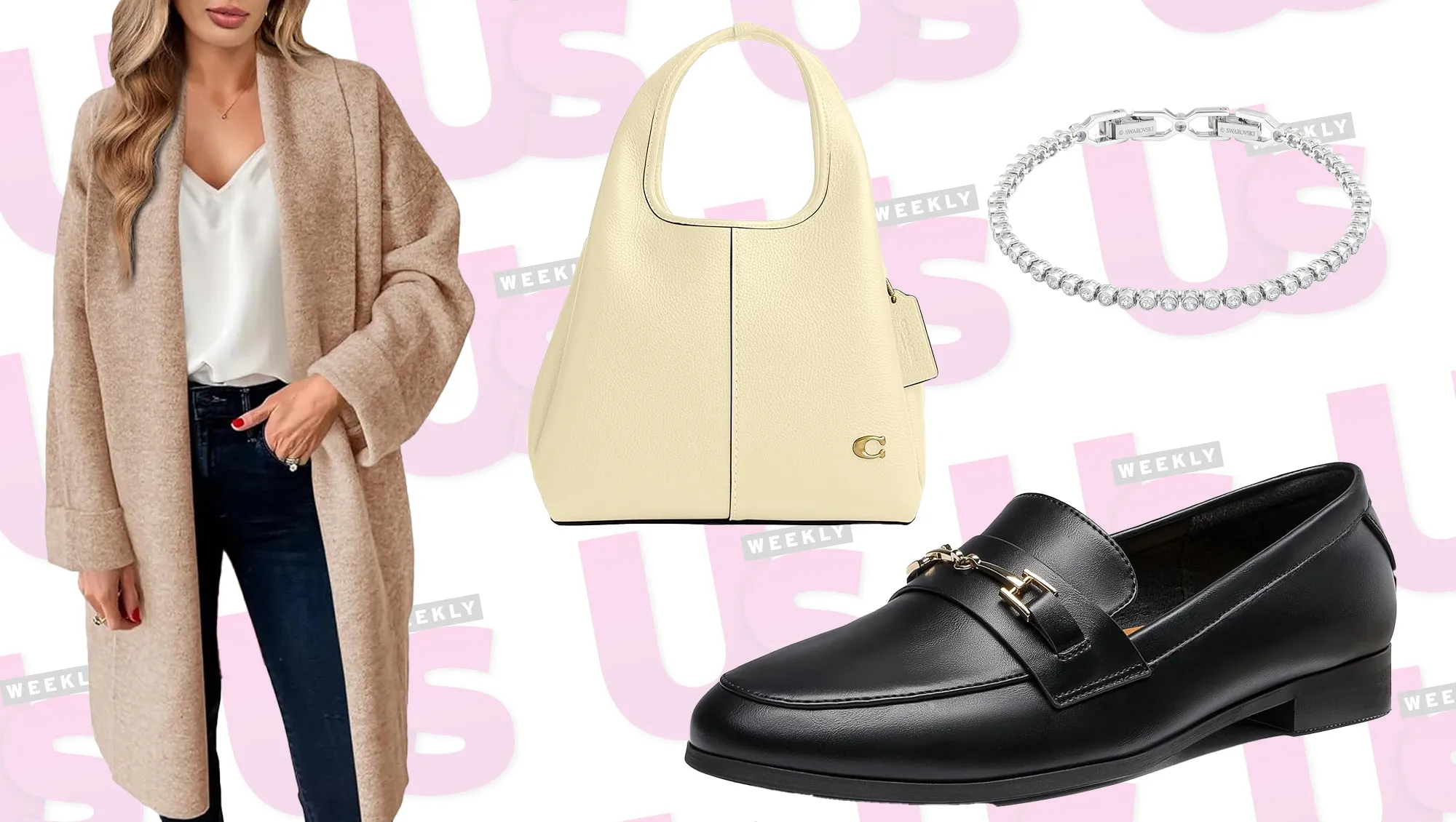 Cardigan, Coach bag, loafers, tennis bracelet