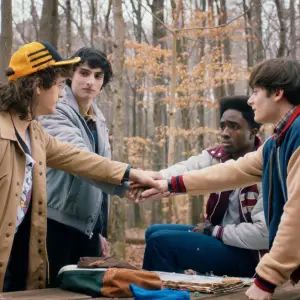 Gaten Matarazzo, Finn Wolfhard, Caleb McLaughlin, Noah Schnapp in Stranger Things Season 5