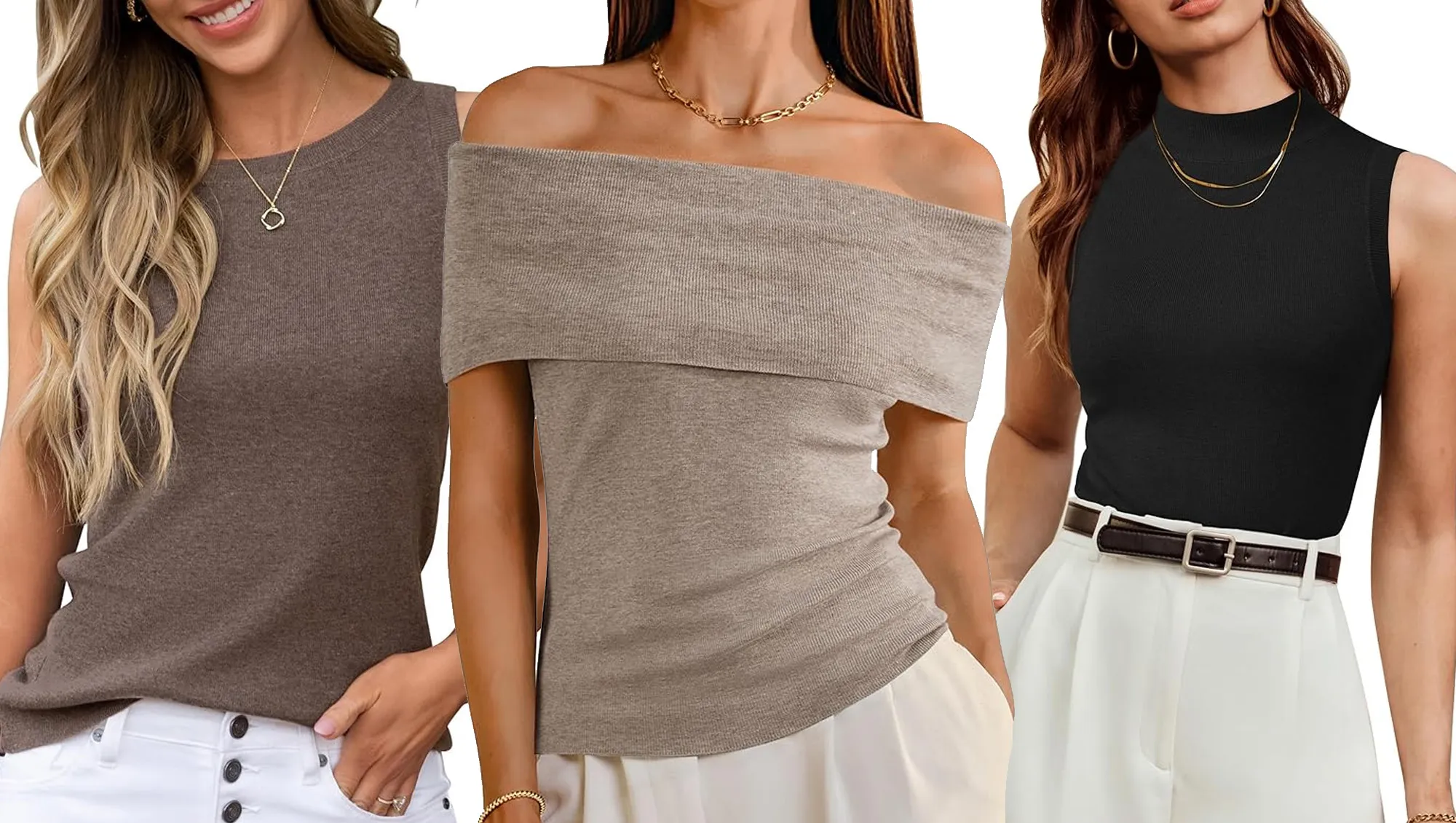 brown tank, off shoulder top and bank top Amazon