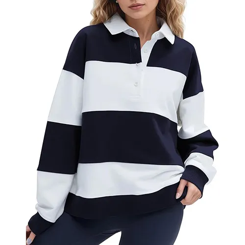 SHBECYDE Women Striped Color Block Polo Sweatshirt