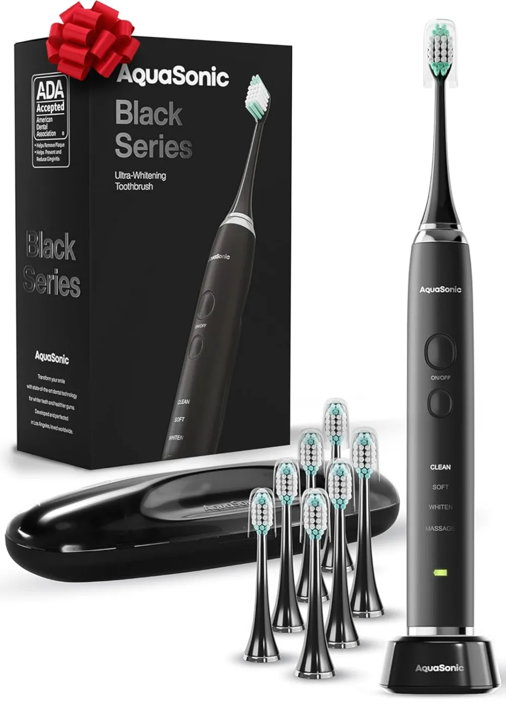 Aquasonic Black Series Ultra Whitening electric toothbrush with charging base